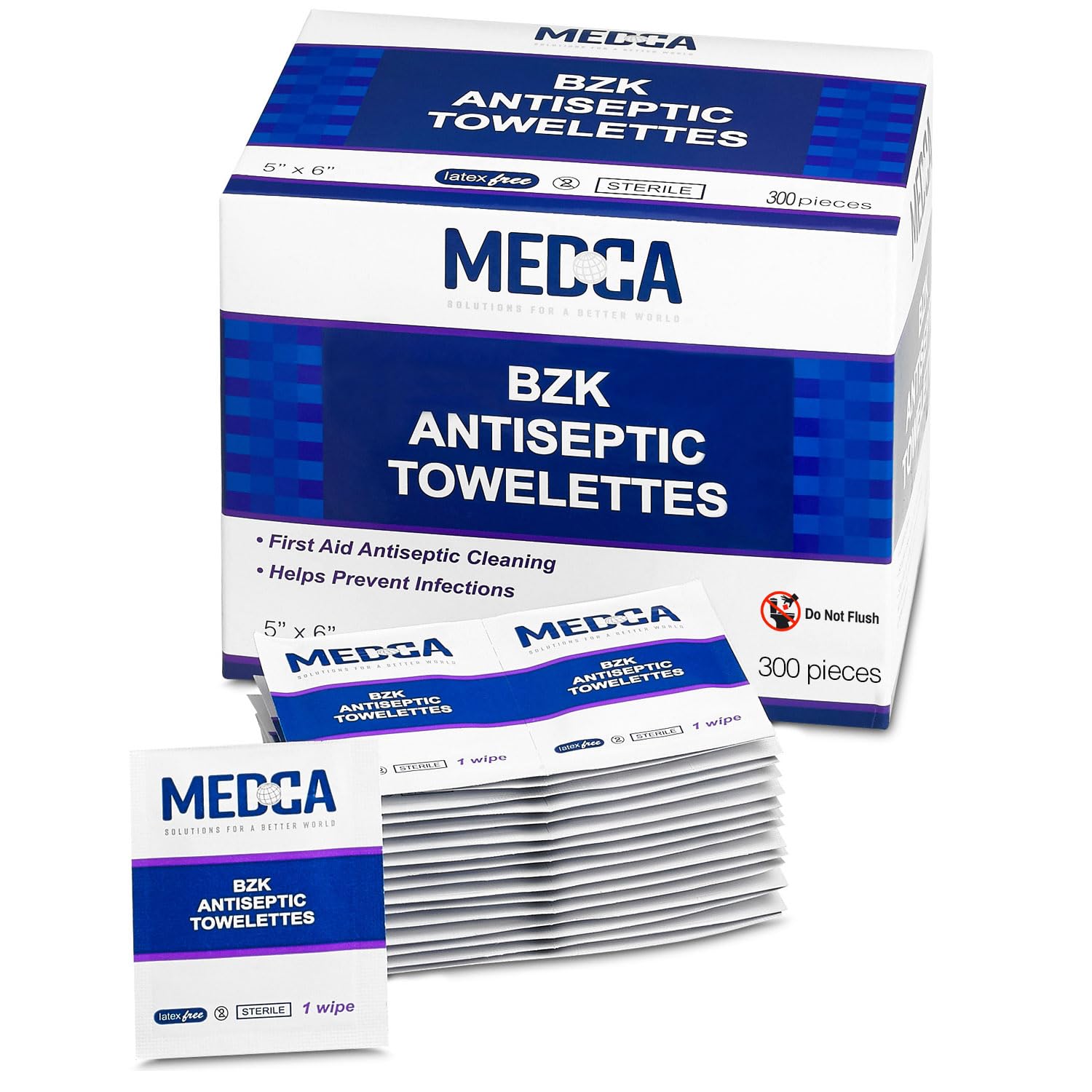 MEDca BZK wipes in a 300-pack foil-lined pouch for travel-ready cleaning