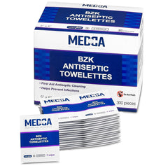 MEDca BZK wipes in a 300-pack foil-lined pouch for travel-ready cleaning
