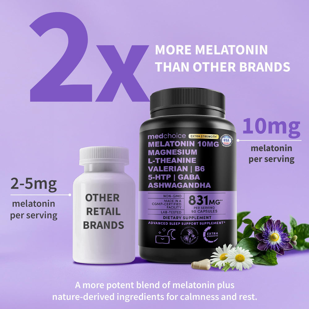 MEDCHOICE melatonin capsules close-up highlighting 90-count bottle