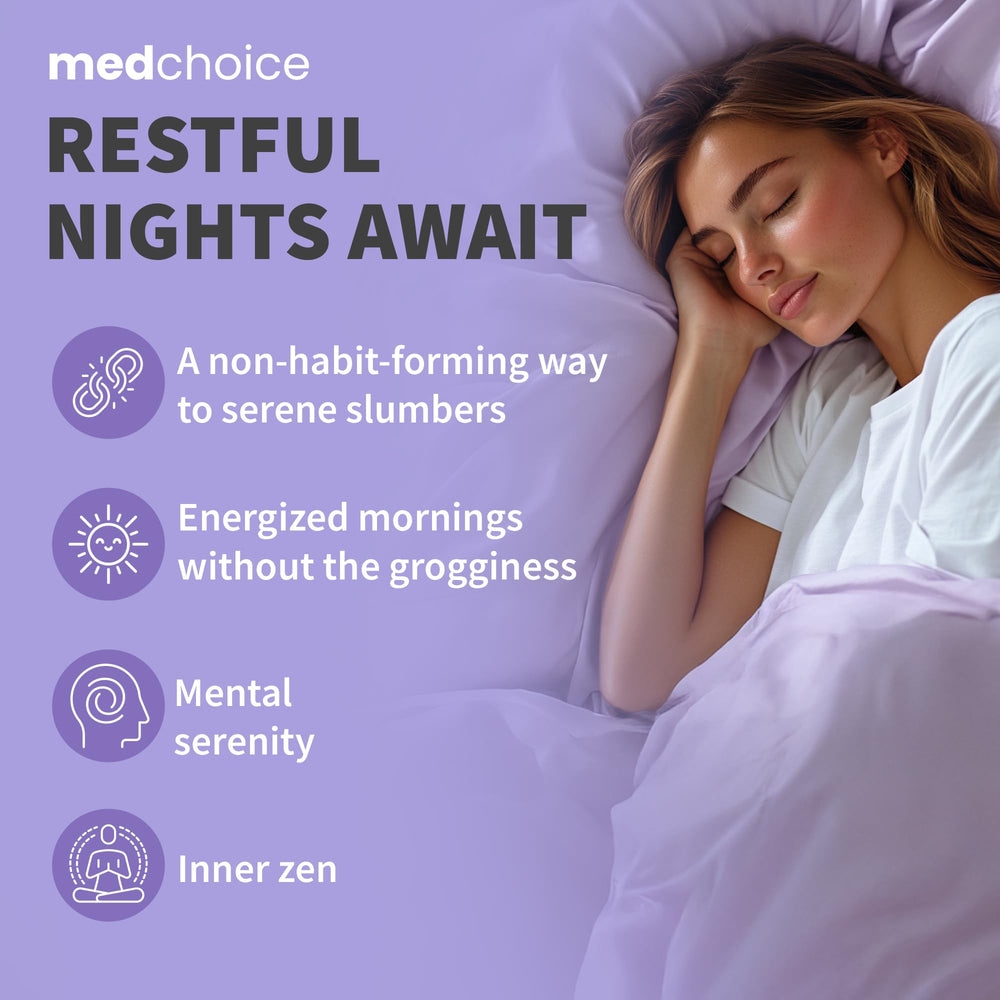 MEDCHOICE 12-in-1 melatonin on a nightstand suggesting a bedtime ritual.