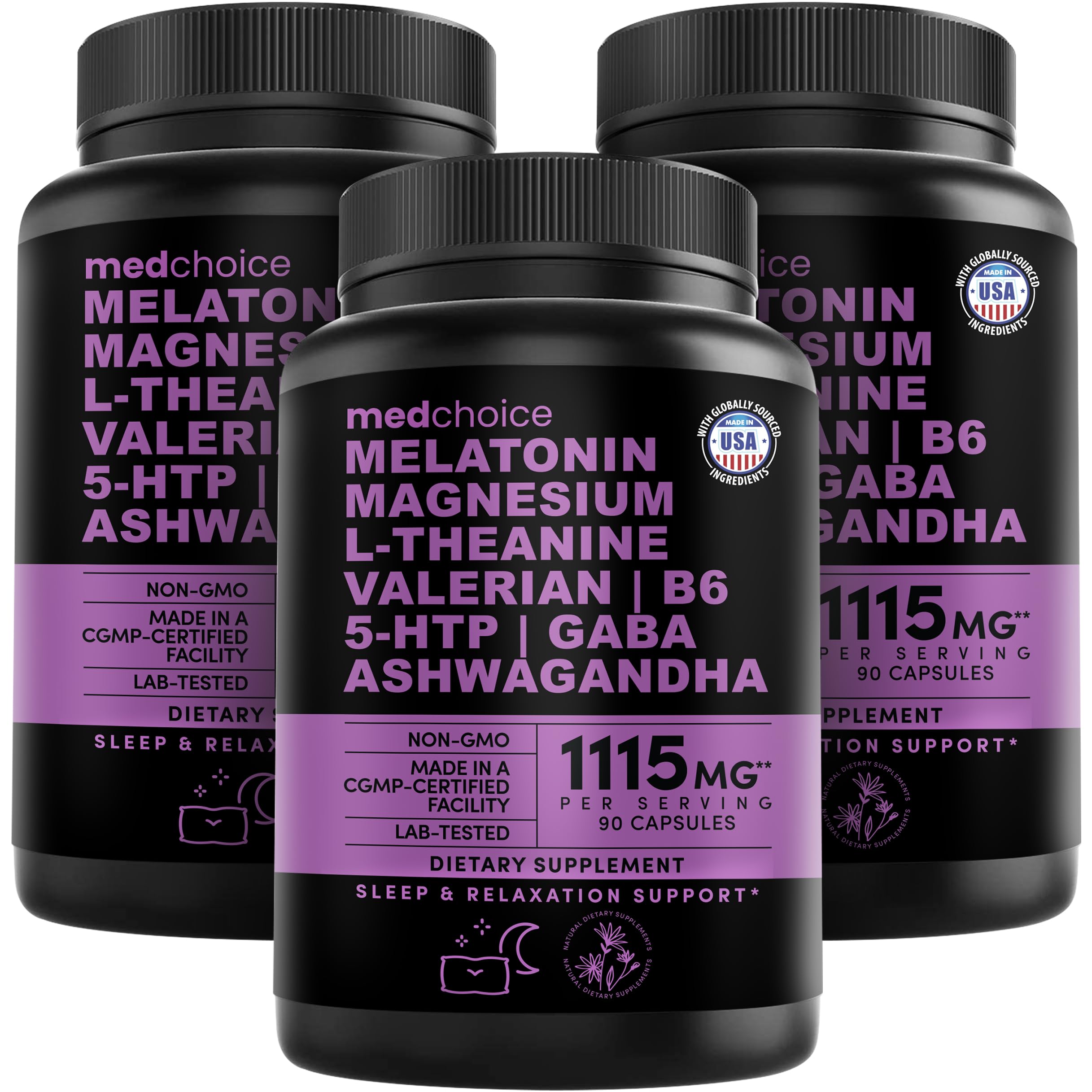 MedChoice 12-in-1 Melatonin Sleep Capsules bottle for nightly use and calm preparation.