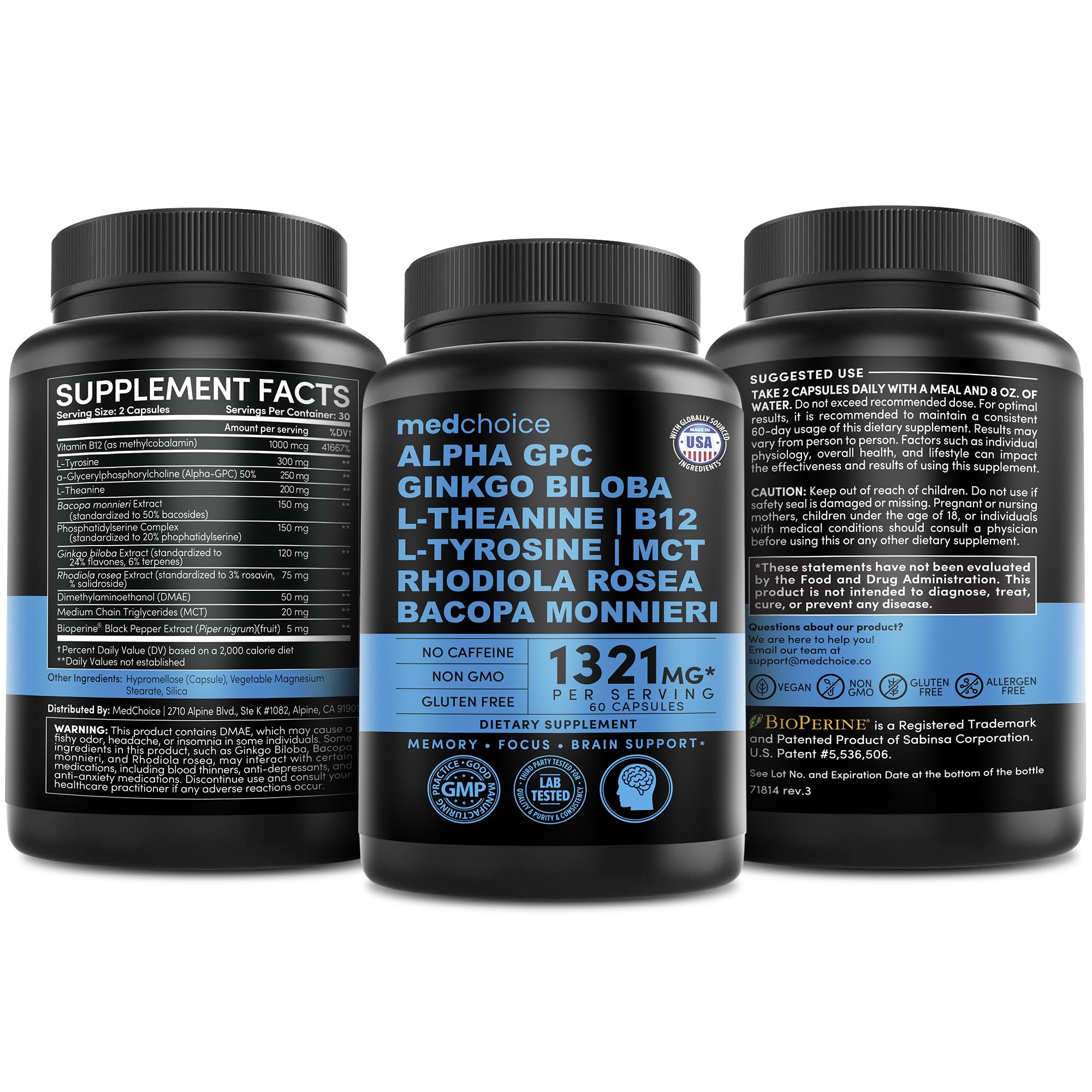 MEDCHOICE science label emphasizes vegan, caffeine-free brain vitamins.