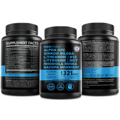 MEDCHOICE science label emphasizes vegan, caffeine-free brain vitamins.