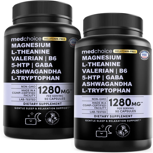 MEDCHOICE 12-in-1 Sleep Support bottle front promotes restful nights without melatonin.