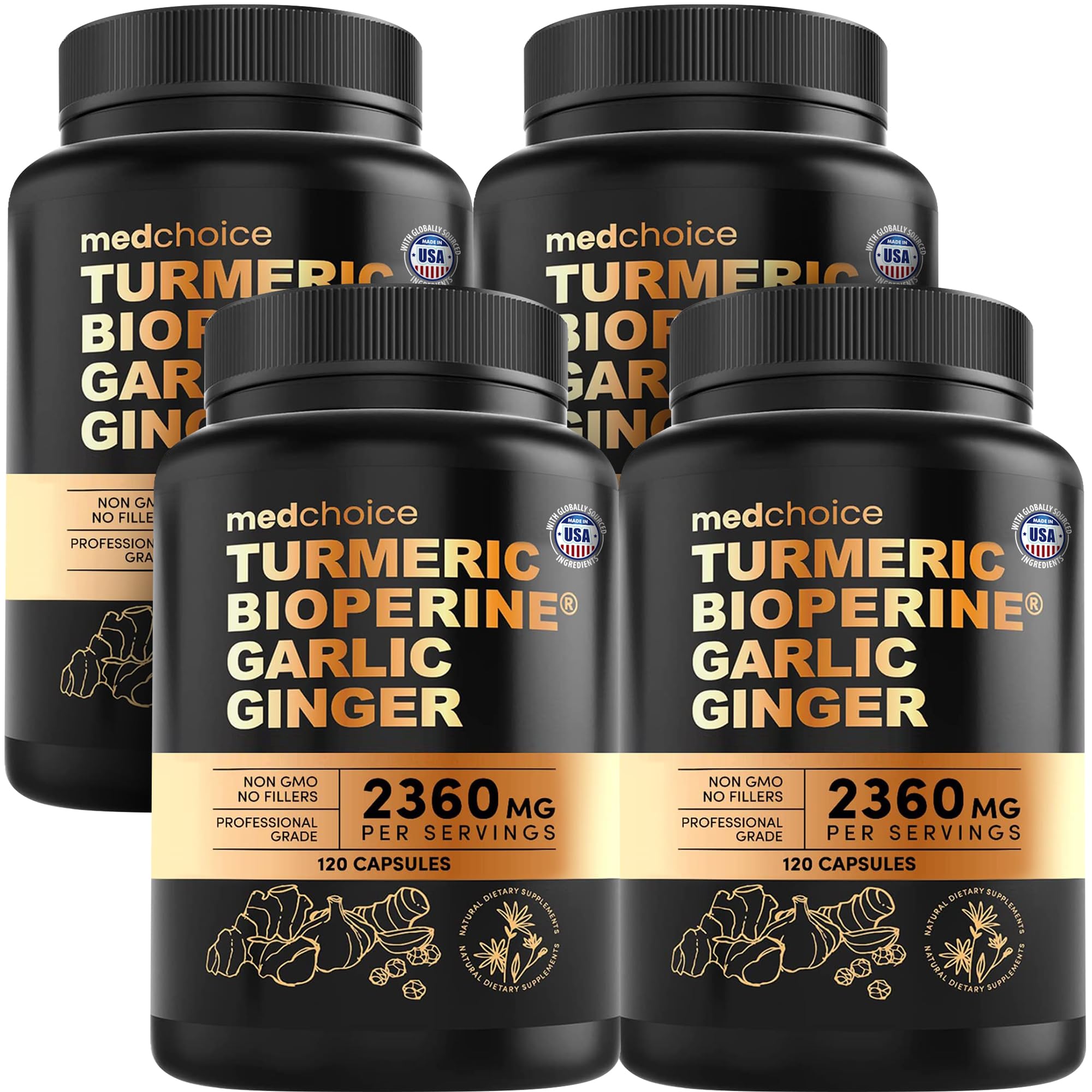 MEDCHOICE 4in1 turmeric-garlic-ginger bottle highlights high-potency capsules for daily wellness