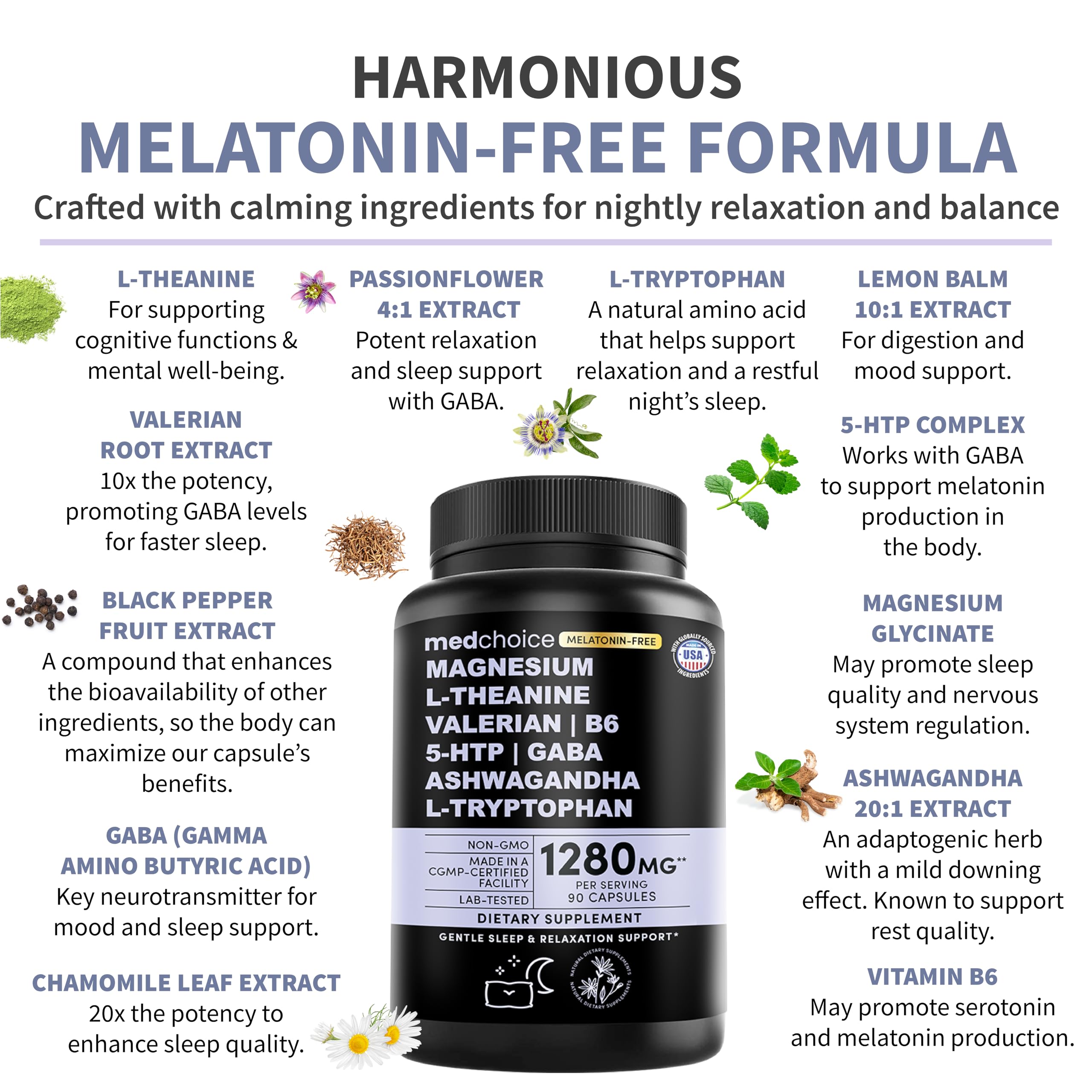 MEDCHOICE ingredients highlight magnesium, ashwagandha, and L-tryptophan for balanced evenings and smoother transition to sleep.
