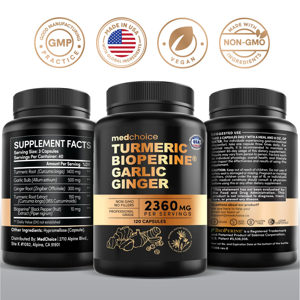 Close-up of MEDCHOICE turmeric garlic label notes no fillers or binders.