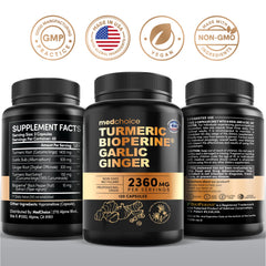 Close-up of MEDCHOICE turmeric garlic label notes no fillers or binders.