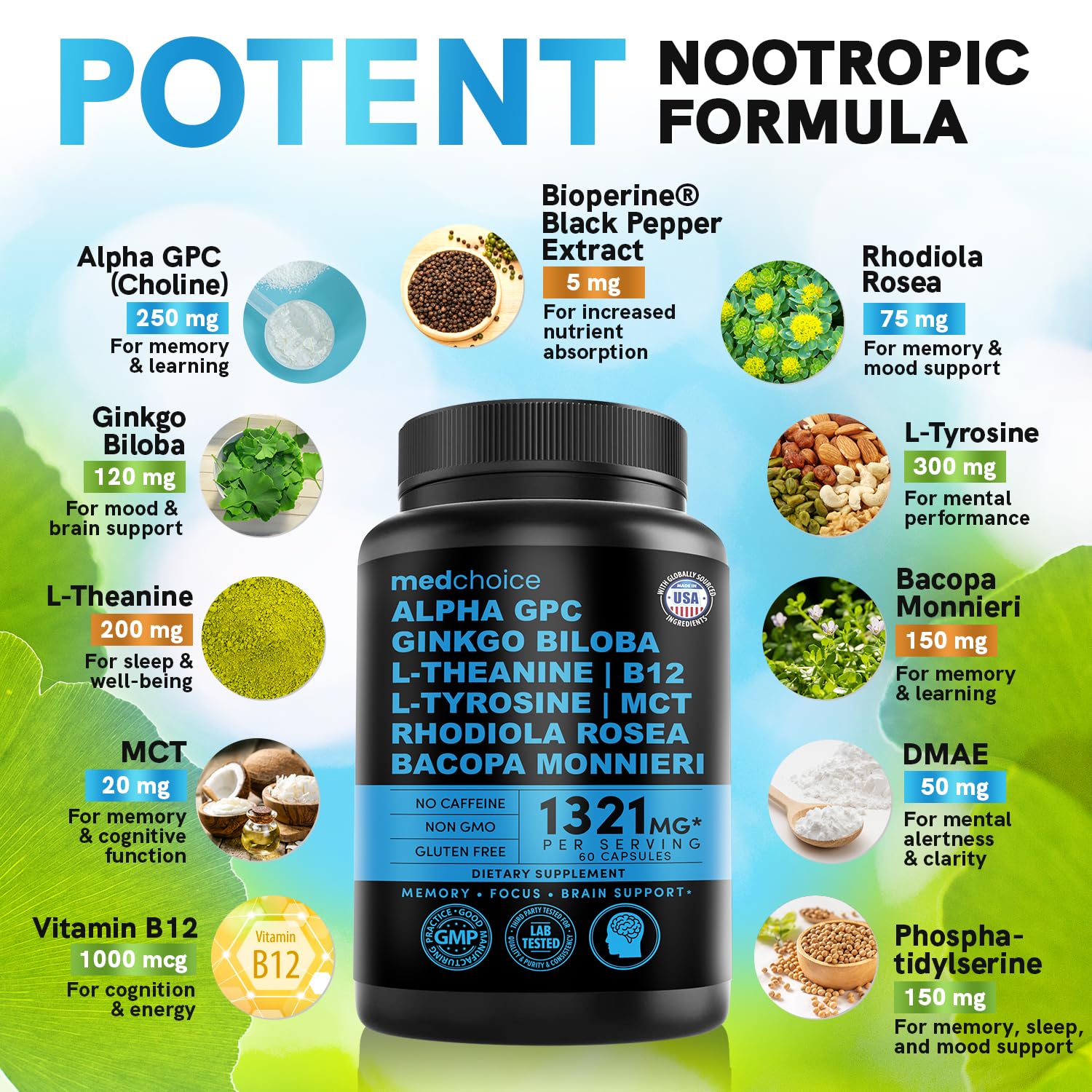 MedChoice nootropic capsules close-up highlighting vegan, caffeine-free formula.
