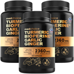 MEDCHOICE Turmeric Garlic bottle front shows high-potency 4-in-1 formula for daily wellness.