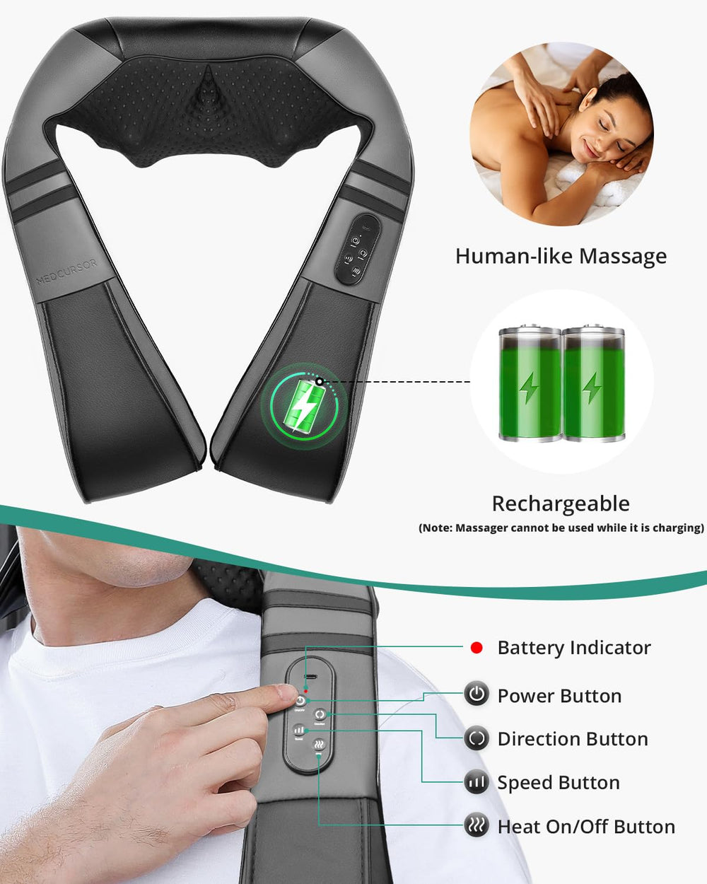 Medcursor neck massager heat kneading nodes close up showing deep tissue like massage