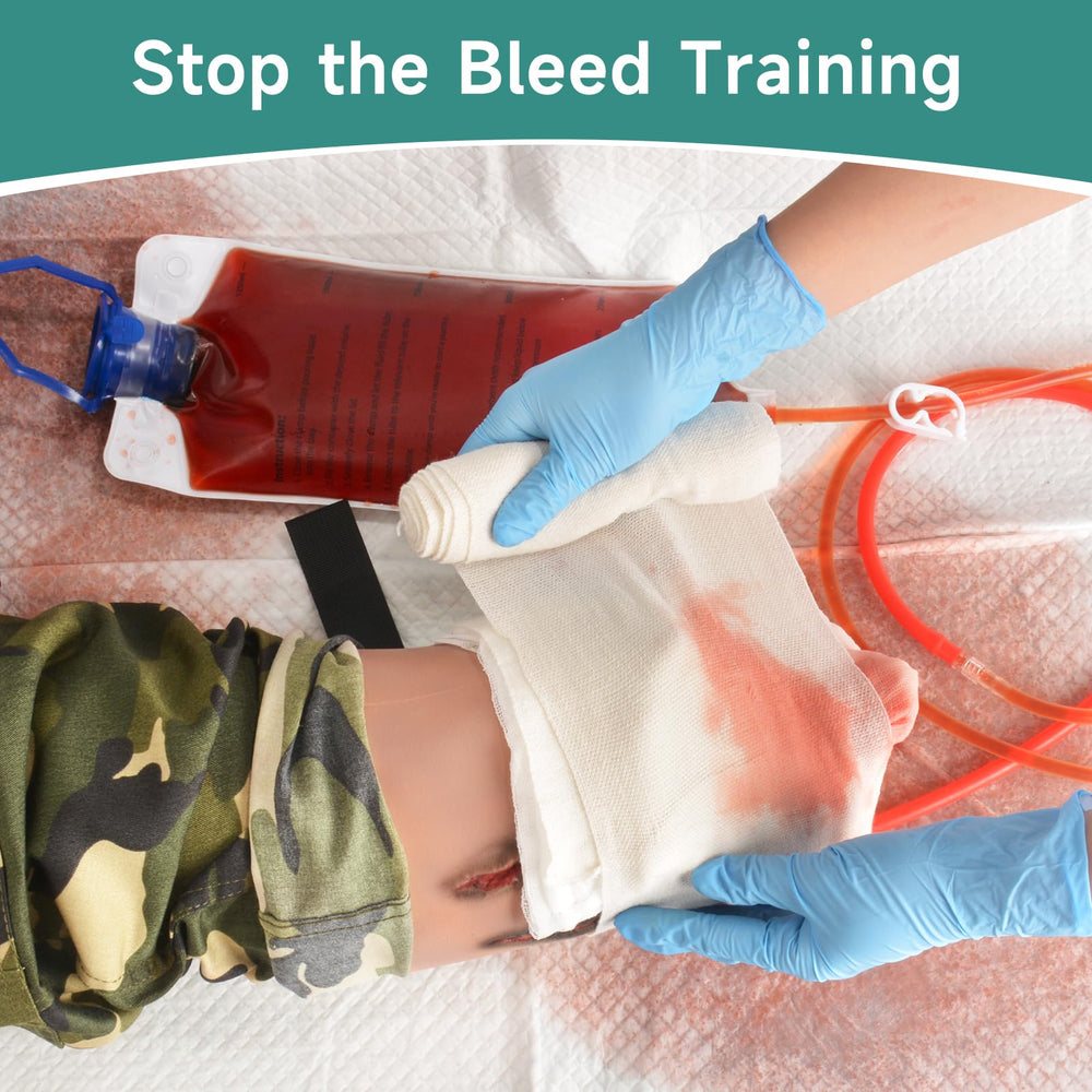 MedEduQuest trauma trainer worn on mannequins to simulate severed limb wounds