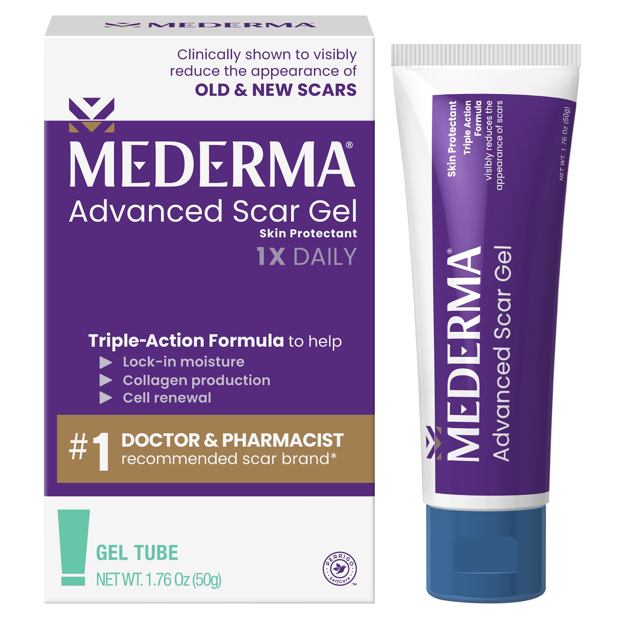 Mederma Advanced Scar Gel bottle demonstrates daily use to improve scar appearance.