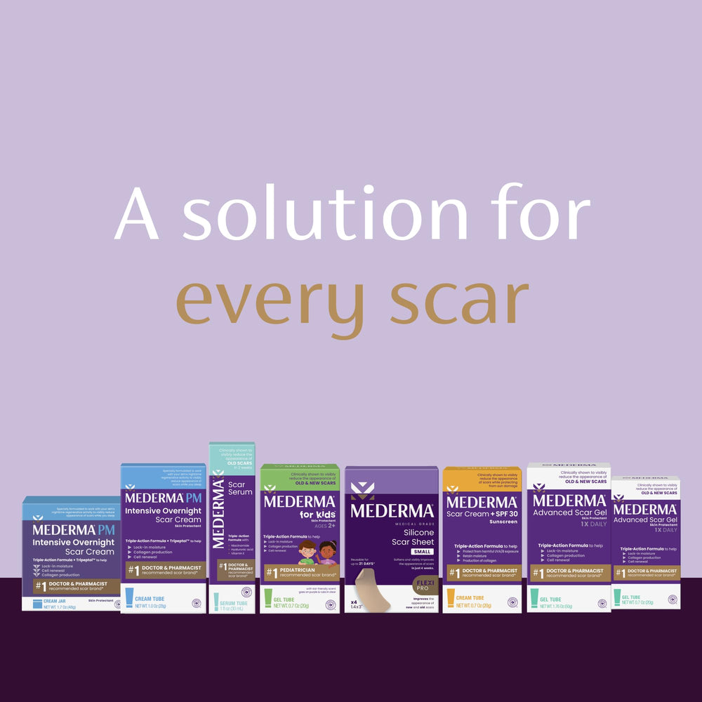 Mederma Advanced Scar Gel visual effect suggests gradual scar visibility reduction over time.
