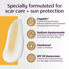 Mederma Scar Cream Plus SPF 30 advertisement highlighting sun protection