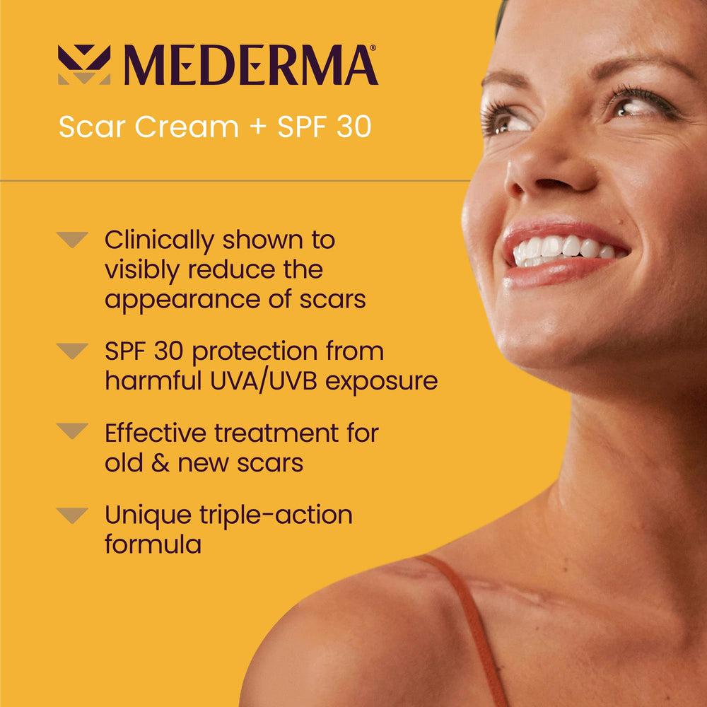 Mederma Scar Cream Plus SPF 30 tube close-up showing smooth texture