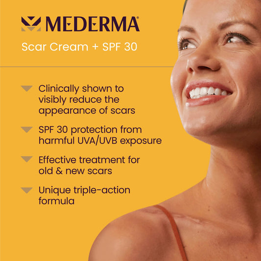 Mederma Scar Cream Plus SPF 30 tube close-up showing smooth texture