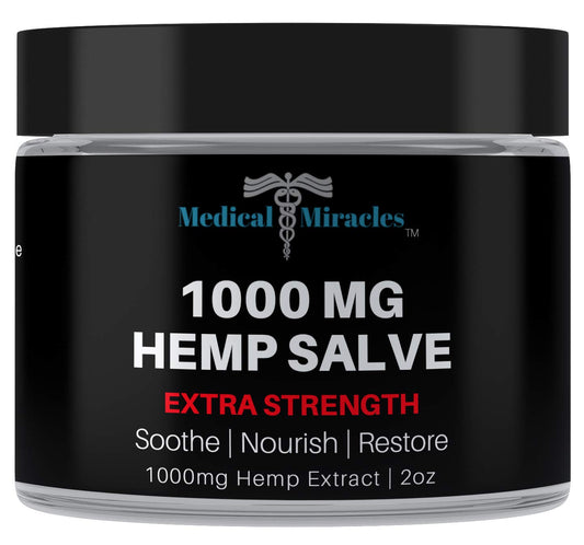 Medical Miracles hemp 1000mg salve bottle close-up for targeted relief.