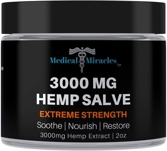 Medical Miracles Hemp 3000mg salve jar for joints and muscles, soothing daily use.