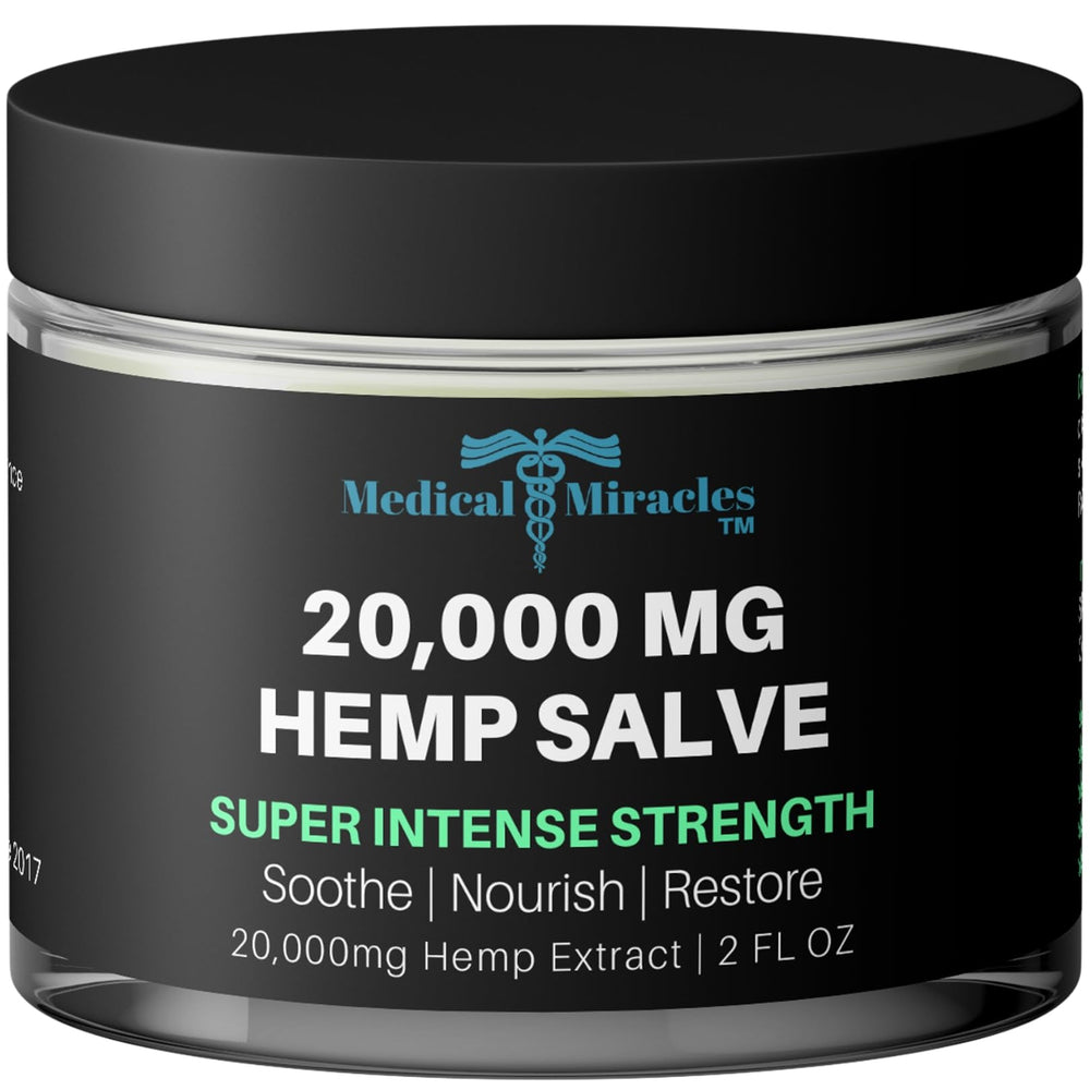 Medical Miracles hemp salve jar close-up for premium topical care.
