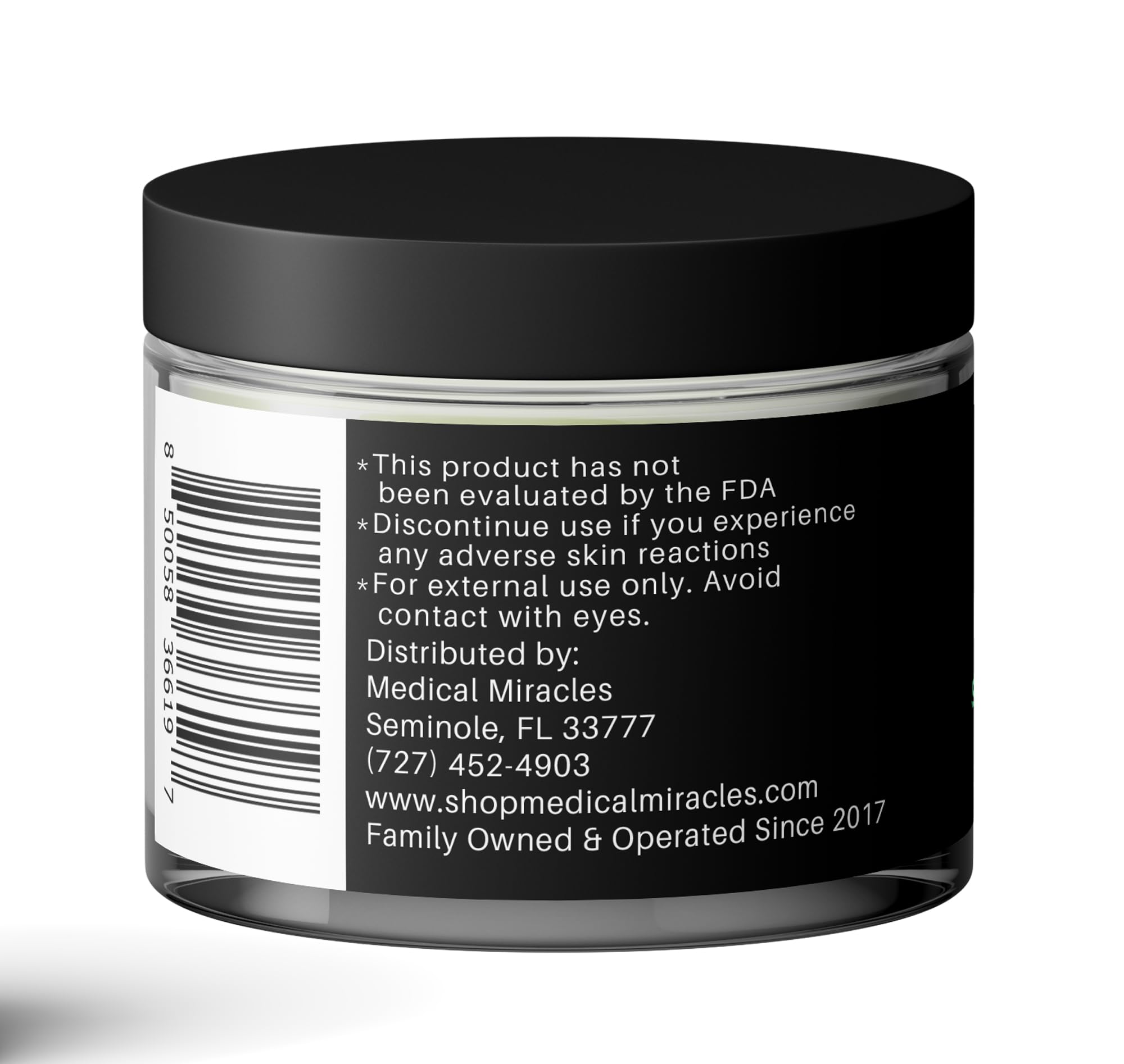 Medical Miracles hemp salve bottle close-up highlights potency.