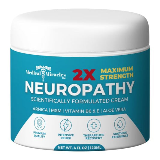 Medical Miracles Neuropathy Cream arnica bottle – fast-absorbing relief for tired feet.