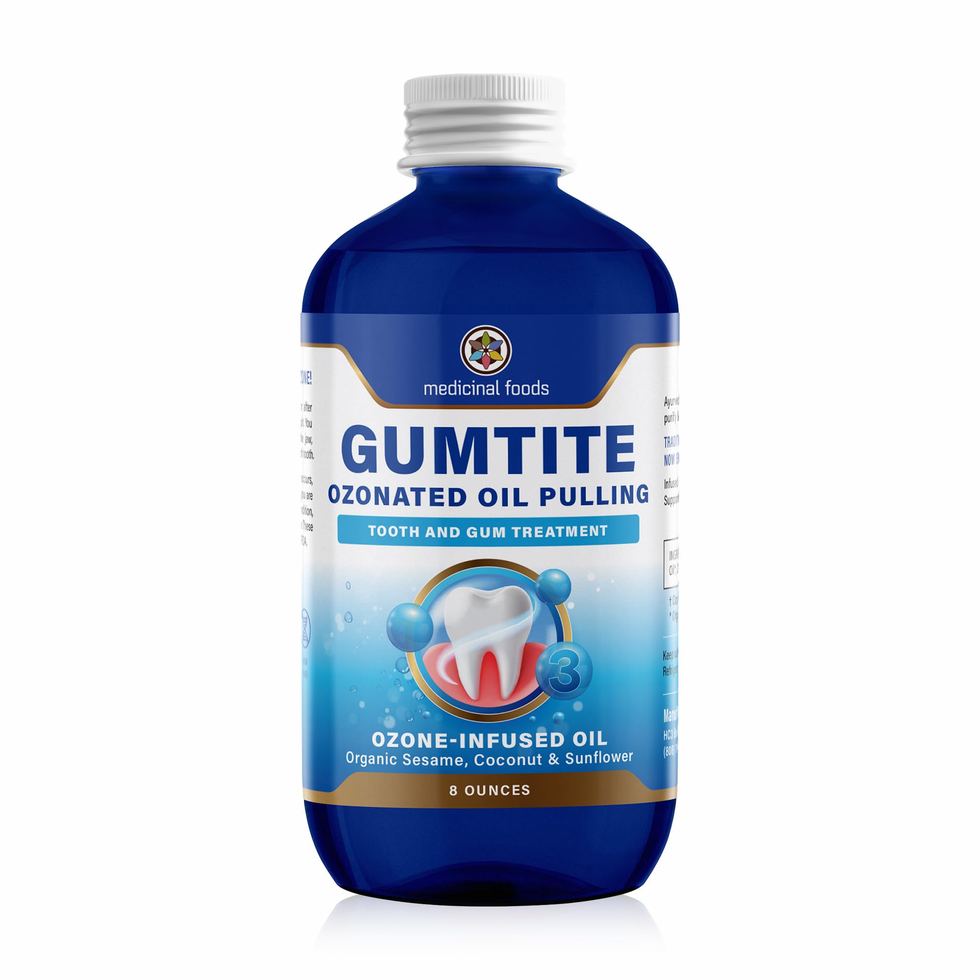 Medicinal Foods Gumtite ozonated mouthwash oil bottle promoting gum health and fresh breath.