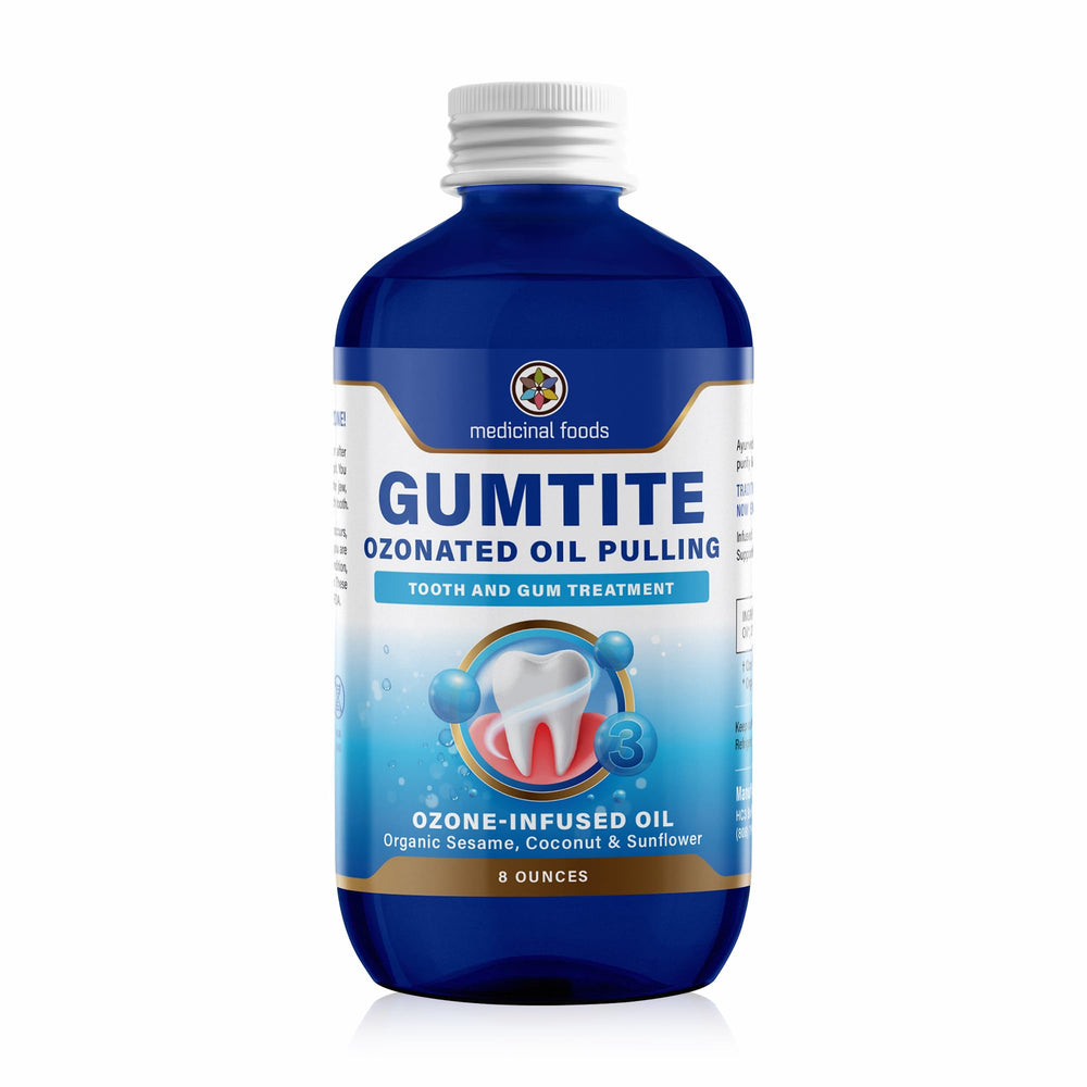 Medicinal Foods Gumtite ozonated mouthwash oil bottle promoting gum health and fresh breath.