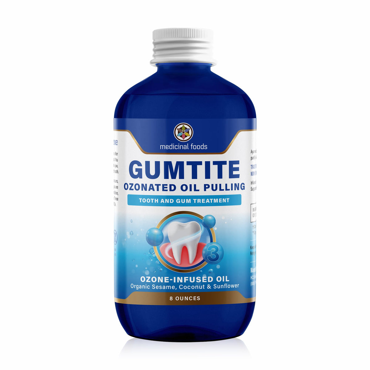 Medicinal Foods Gumtite ozonated mouthwash oil bottle promoting gum health and fresh breath.