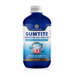 Medicinal Foods Gumtite ozonated mouthwash oil bottle promoting gum health and fresh breath.