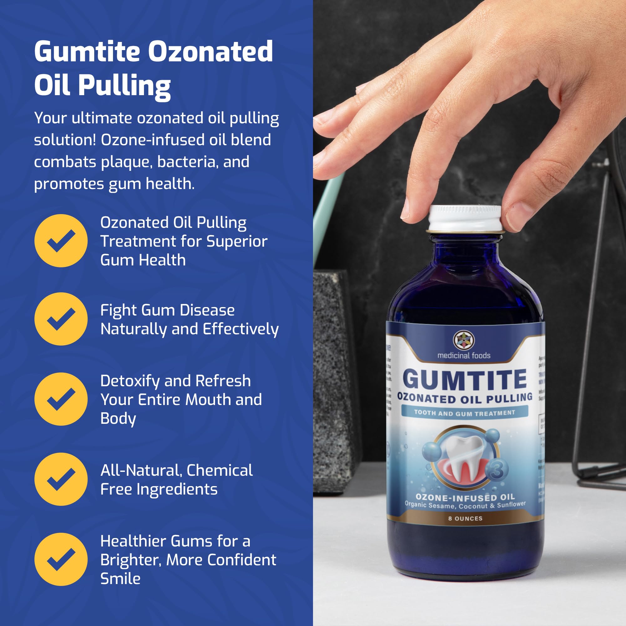 Gumtite ozone infusion close-up showing active cleansing for gums and teeth.