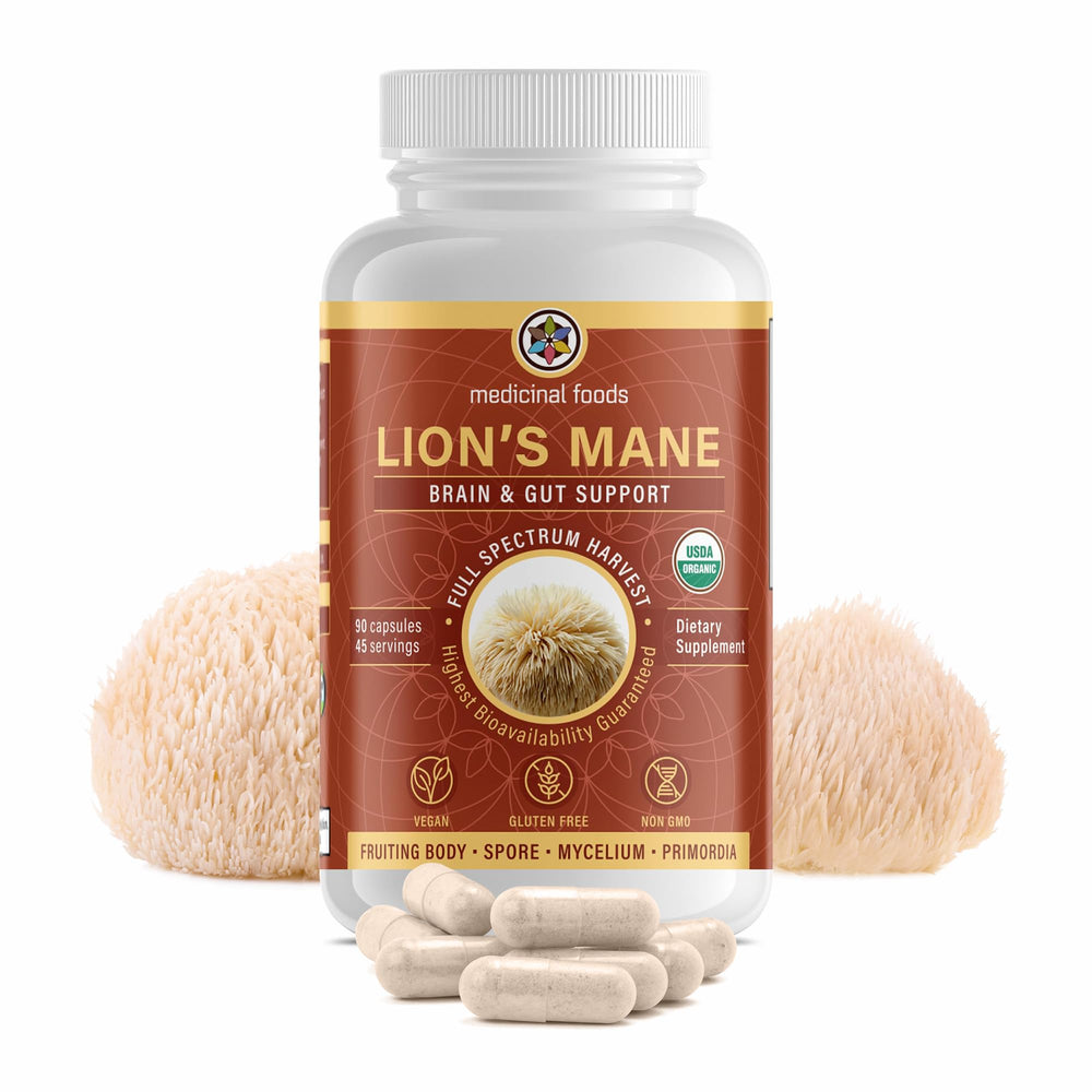Medicinal Foods Lion’s Mane bottle on desk for daily focus support