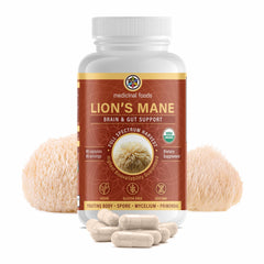 Medicinal Foods Lion’s Mane bottle on desk for daily focus support