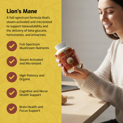 Lion’s Mane capsules pouring from bottle indicate easy daily use