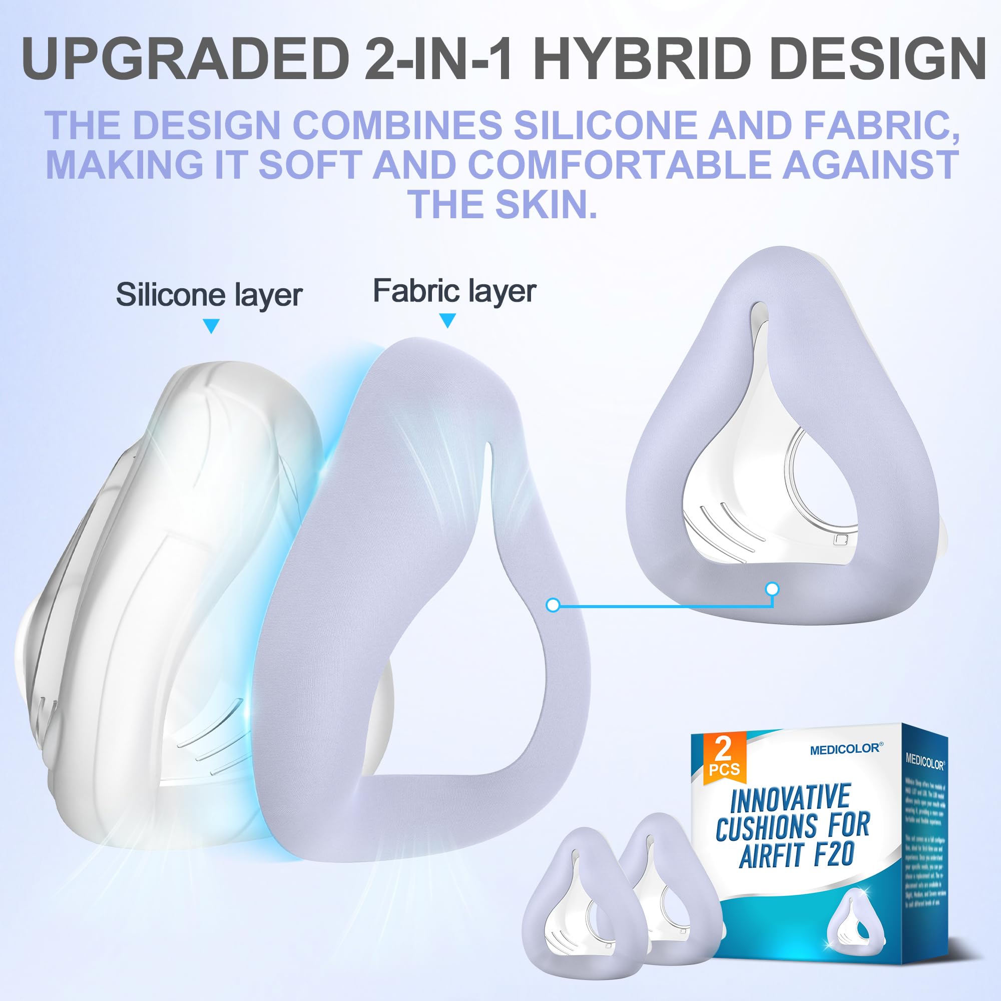 MEDICOLOR F20 cushion with AirFit compatibility snaps for a secure seal and easy replacement.