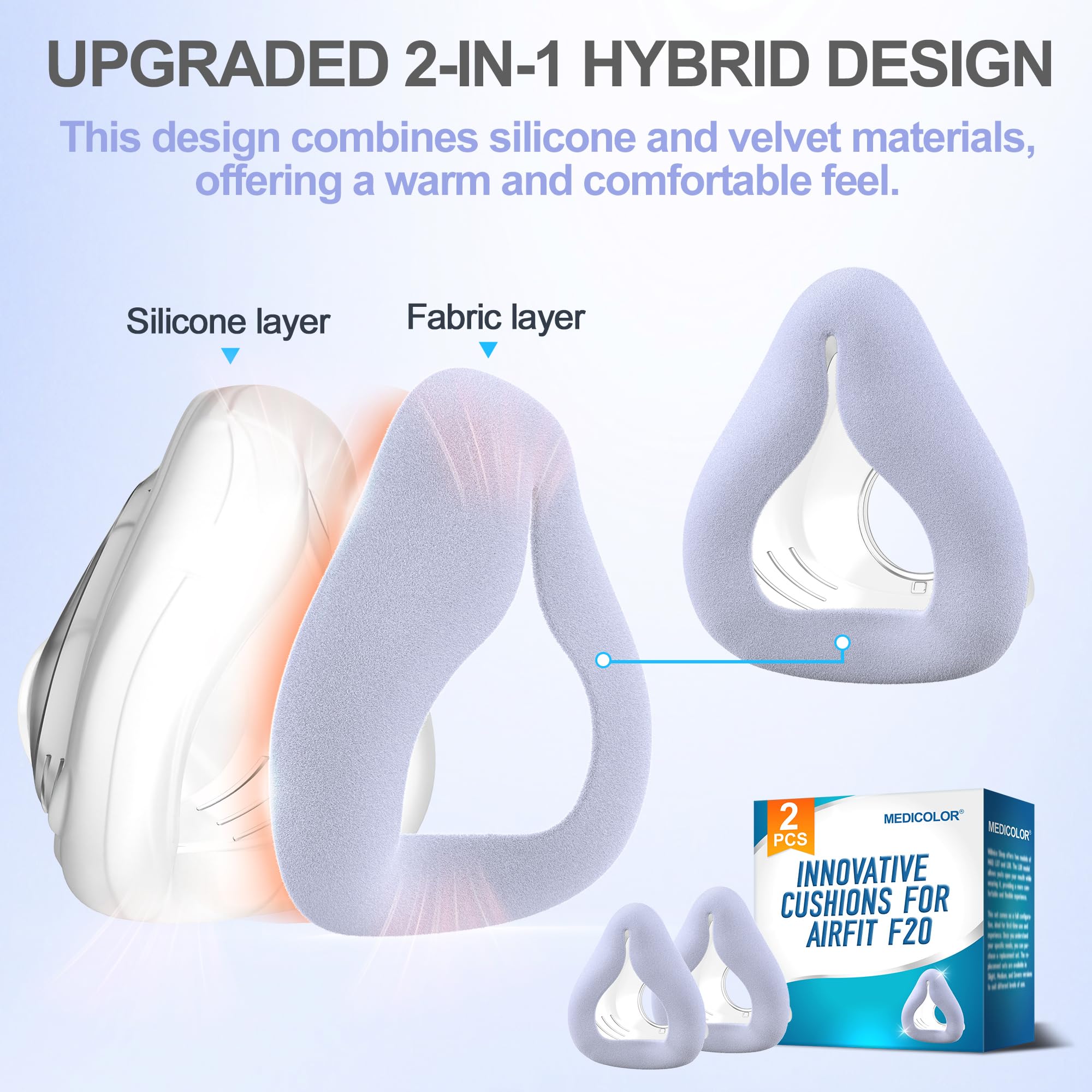 Fabric cushion reduces silicone contact while maintaining a stable seal.