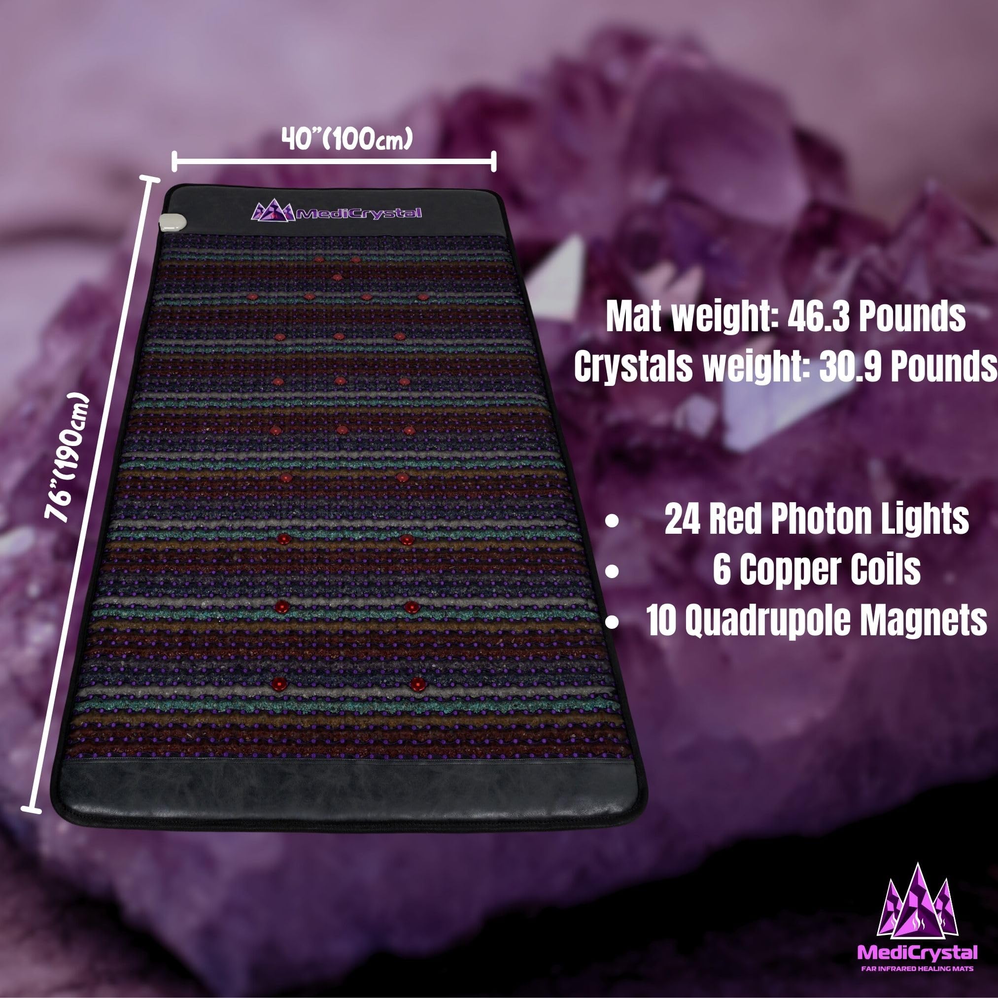 MediCrystal amethyst crystal close-up on the pad highlighting calming energy for stress relief.