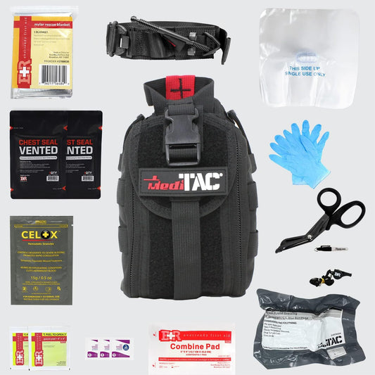 MediTac IFAK pouch opened, showing rapid-access tourniquet and bandage for quick response.