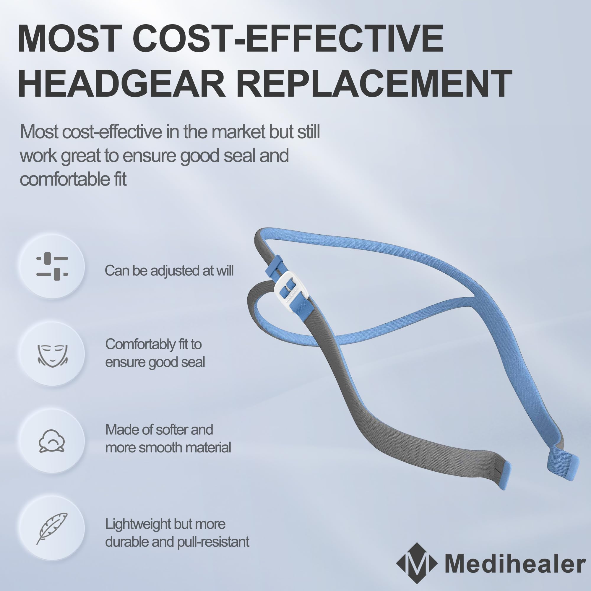 Medihealer adjustment buckle headgear for quick secure fit and easy removal.
