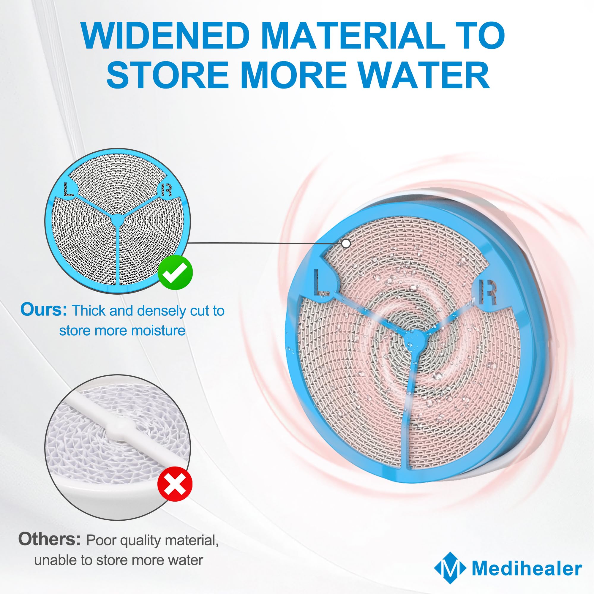 Medihealer double-wide absorption layer emphasizing enhanced moisture capture for longer humidification.