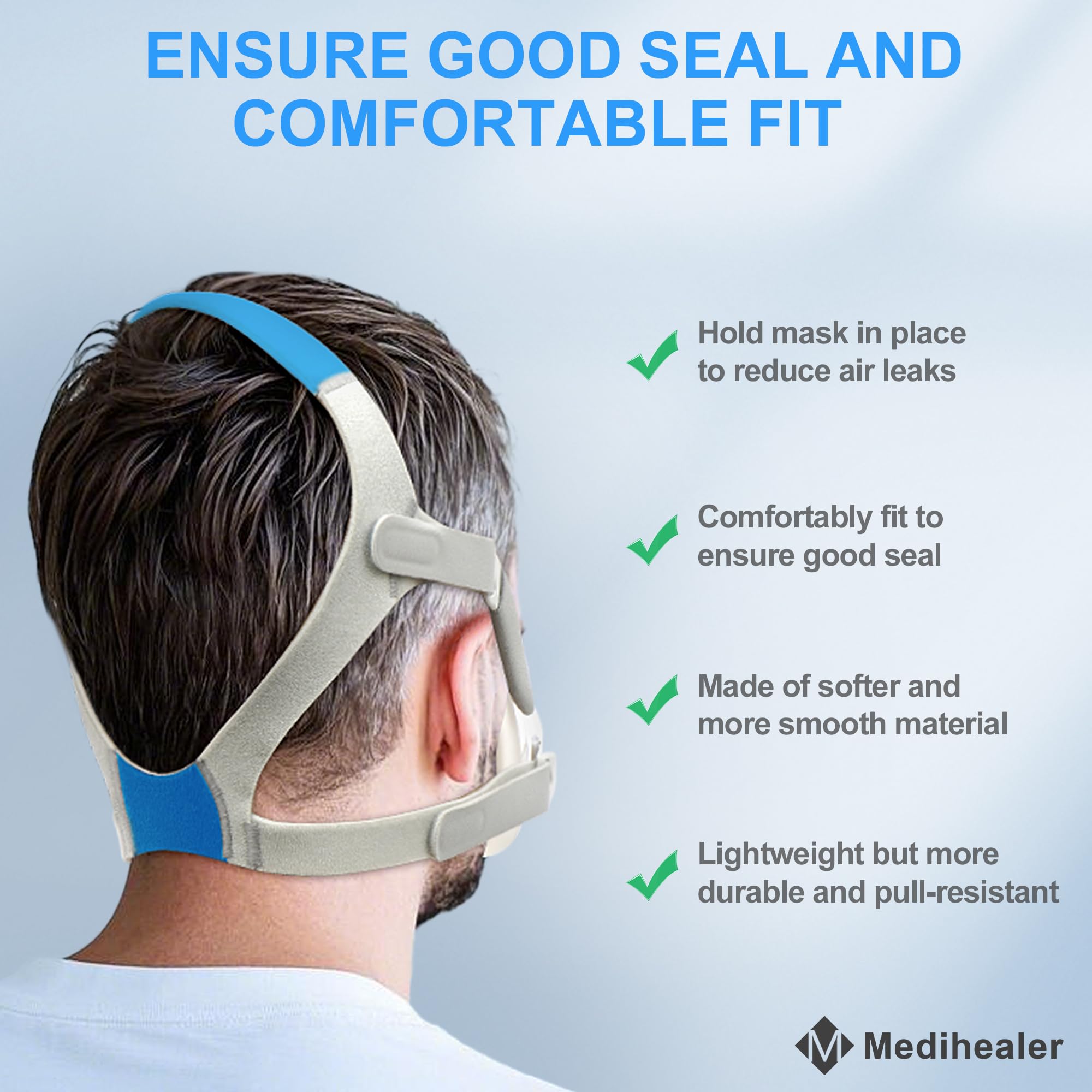 Medihealer soft skin friendly headgear with gentle fabric and smooth stitching.