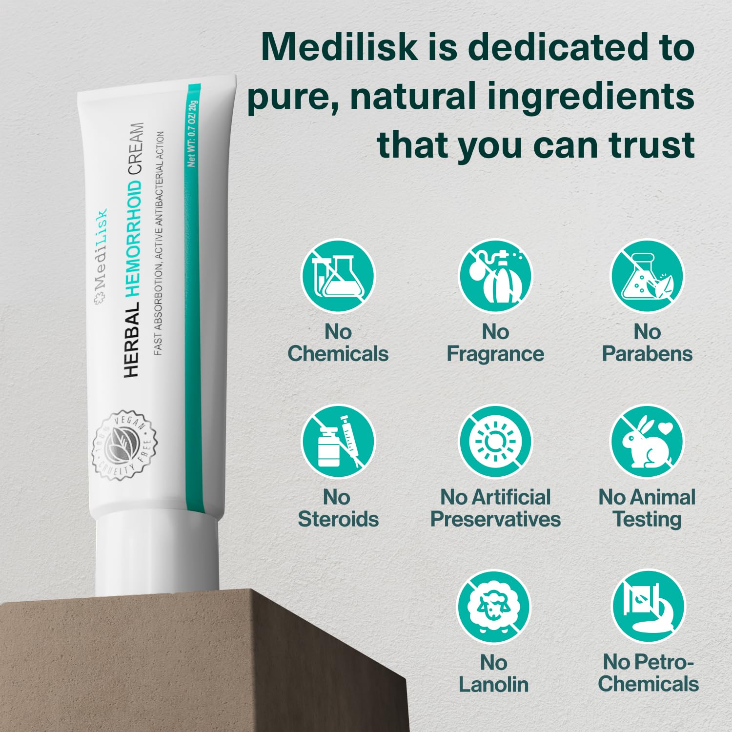 MediLisk Herbal Hemorrhoid Cream texture closeup showing creamy consistency for gentle application.