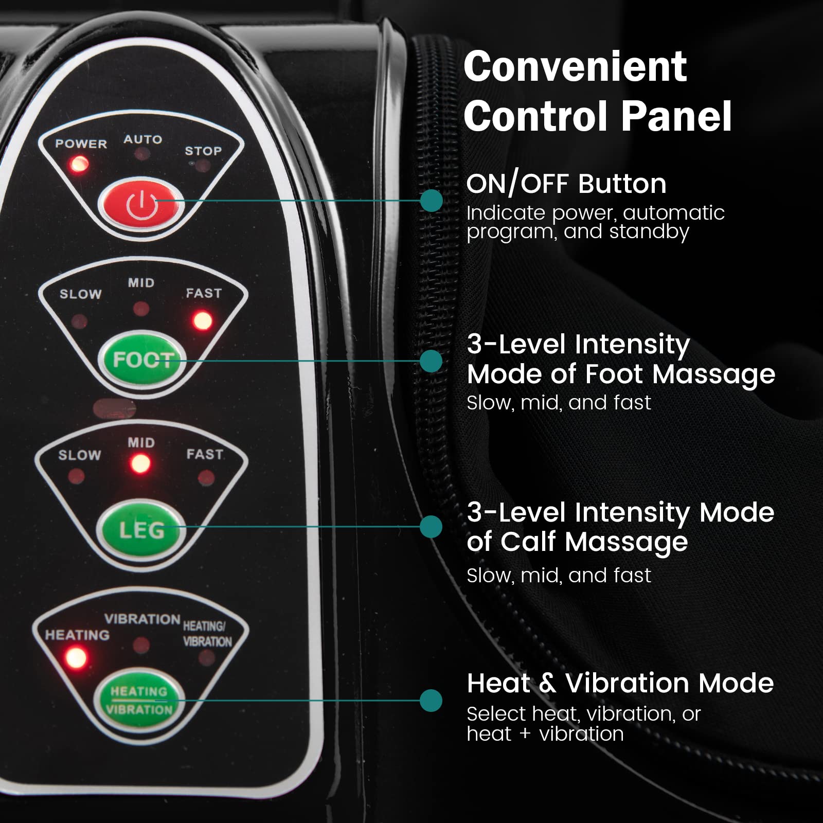 Medimall control panel close-up with massage modes