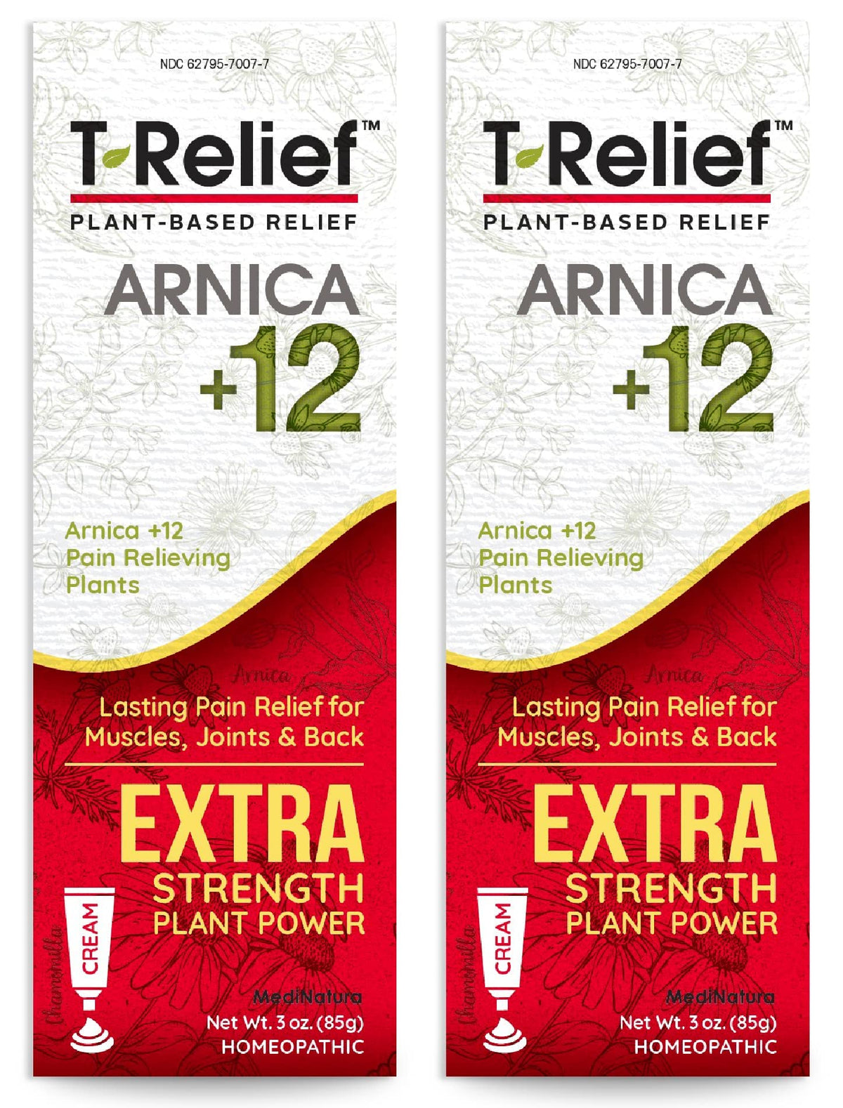 MediNatura T-Relief Arnica Cream twin-pack bottle pour for quick topical ease