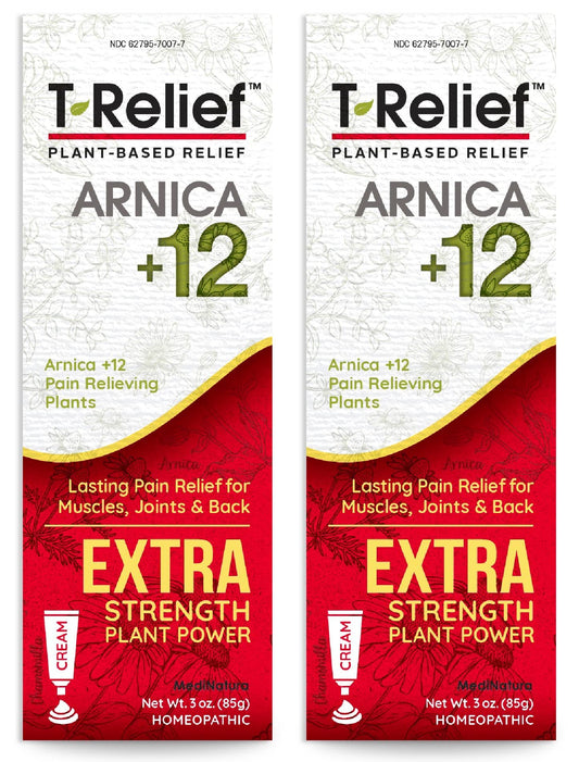 MediNatura T-Relief Arnica Cream twin-pack bottle pour for quick topical ease