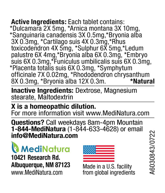MediNatura T-Relief bottle image shows natural ingredients for flexible joints.