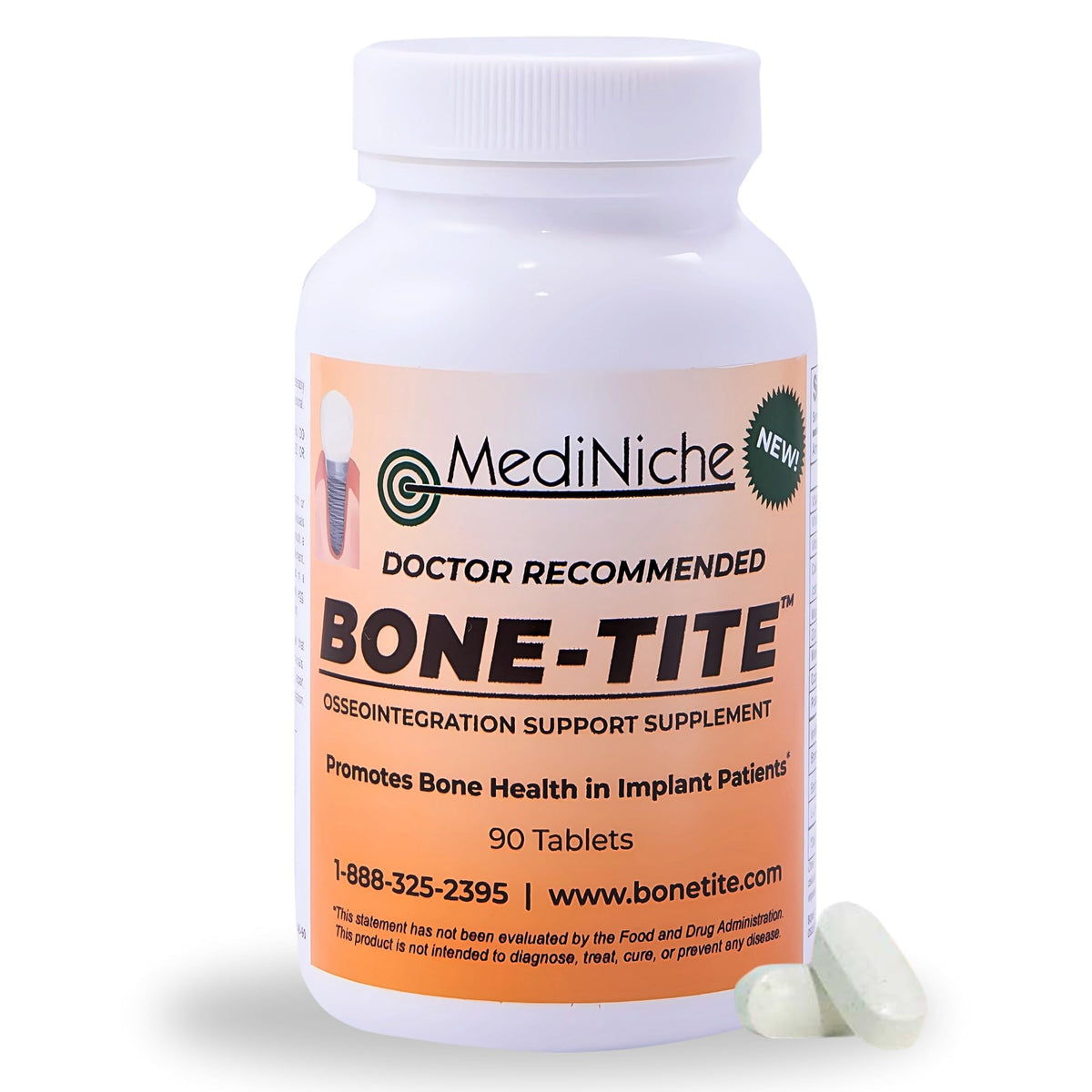 MediNiche Bone-Tite bottle label with 90 tablets for dental implant support.