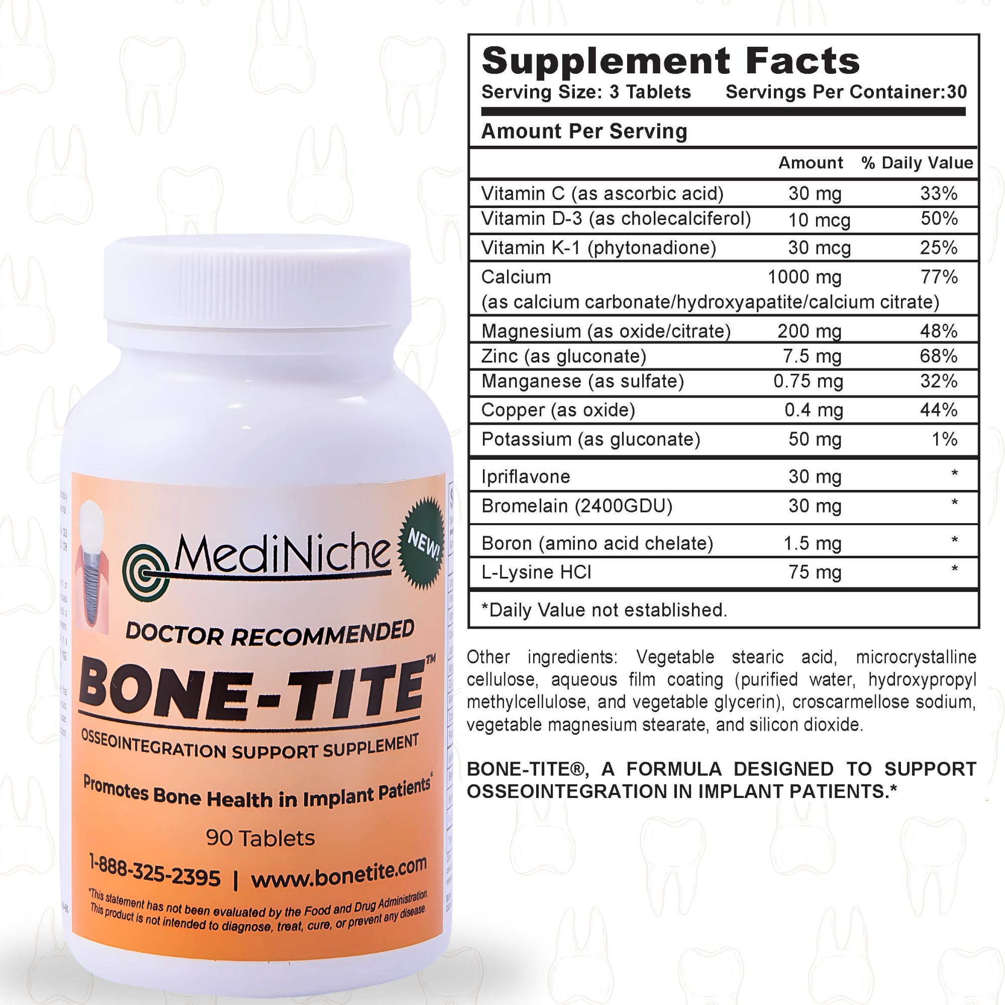 MediNiche Bone-Tite product shot with a dental themed background for dental health support.