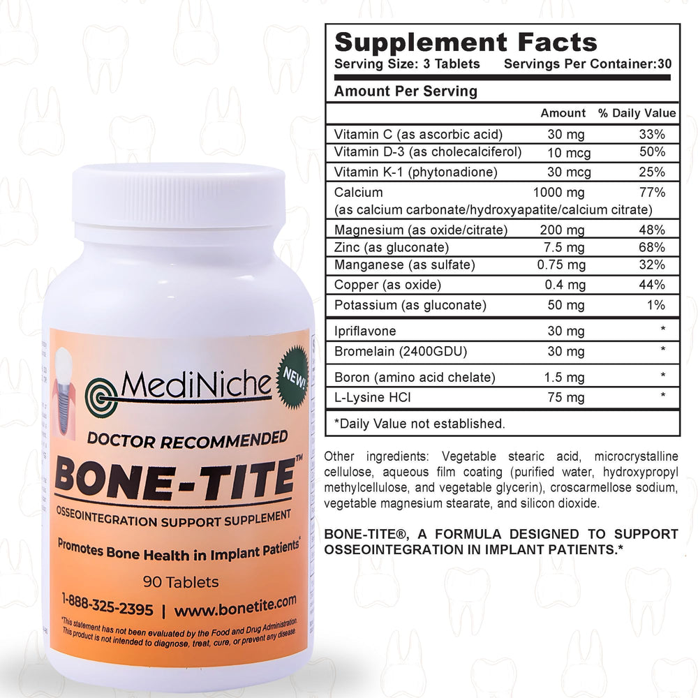 MediNiche Bone-Tite product shot with a dental themed background for dental health support.