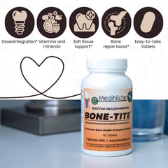 MediNiche Bone-Tite packaging beside an implant diagram for osseointegration context.
